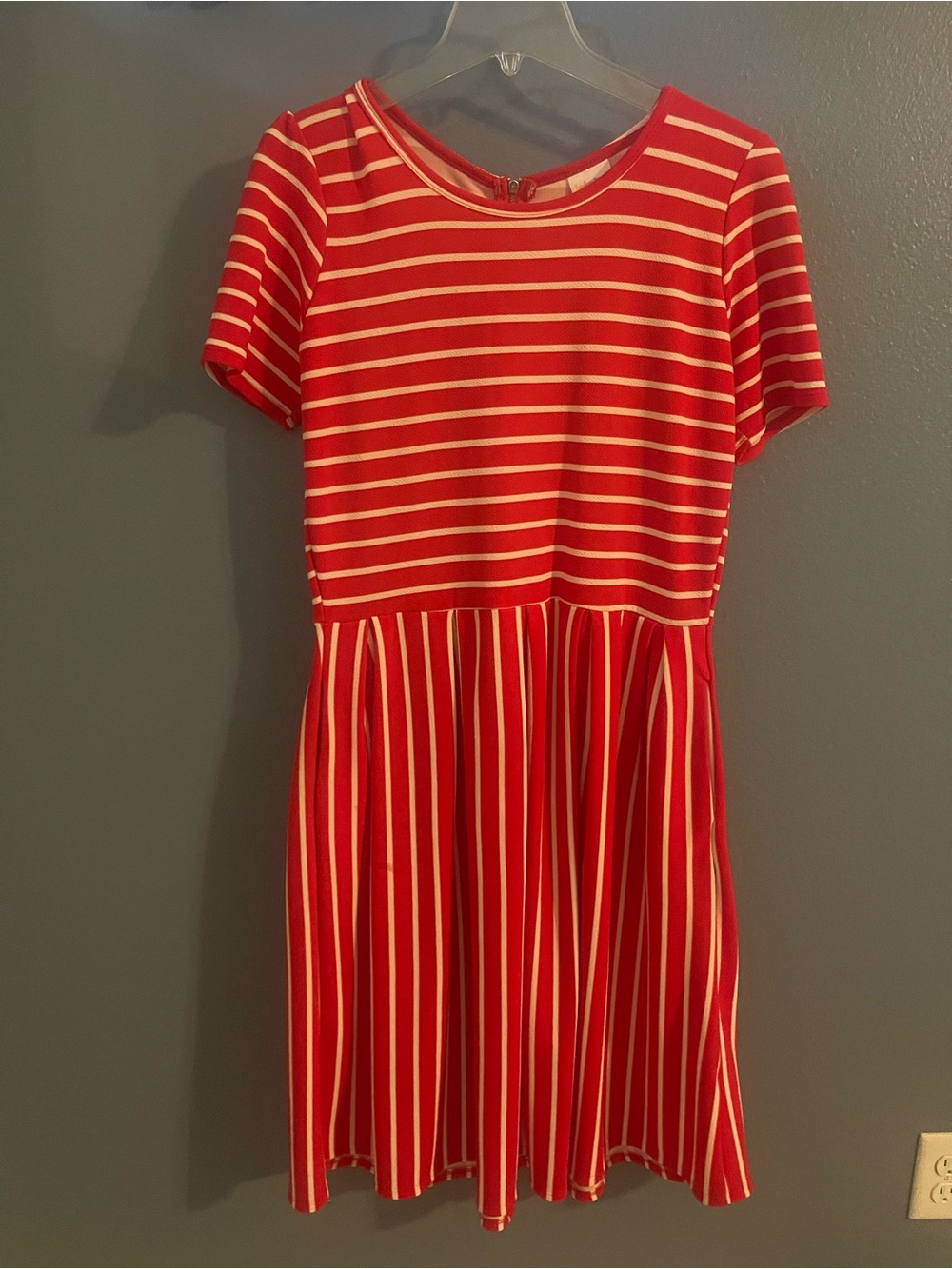 LuLaRoe Red and Cream Striped Short Sleeve Fit-and-Flare Dress